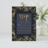Gold & Dark Navy Blue Elegant Coral Wedding RSVP (Stehend Vorderseite)