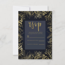 Gold & Dark Navy Blue Elegant Coral Wedding RSVP Karte