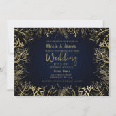 Gold & Dark Navy Blue Elegant Korallenhochzeit Einladung (Vorderseite)