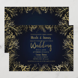 Gold & Dark Navy Blue Elegant Korallenhochzeit Einladung