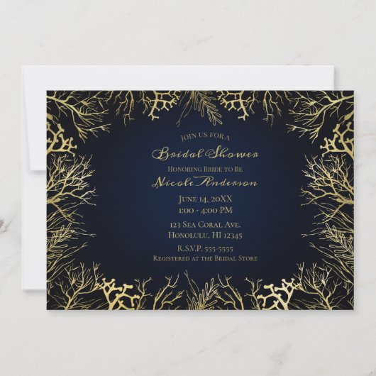 Gold & Dark Navy Blue Elegante Korallen Brautparty Einladung (Vorderseite)