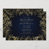 Gold & Dark Navy Blue Elegante Korallen Brautparty Einladung (Vorne/Hinten)