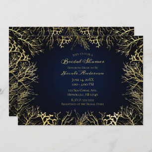 Gold & Dark Navy Blue Elegantes Korallen Brautpart Einladung