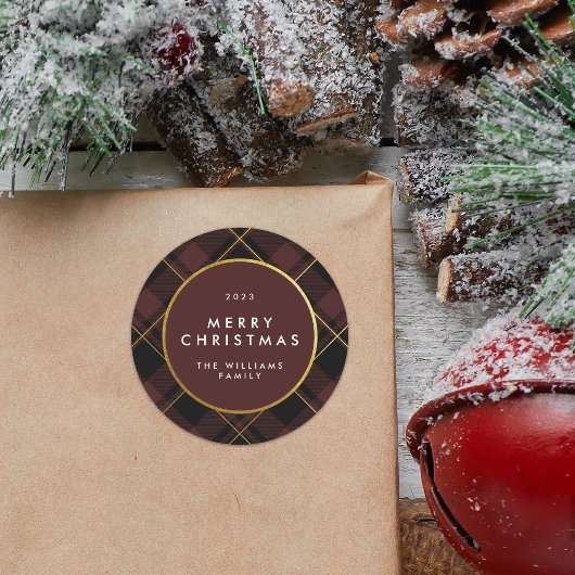 Gold & Dark Red Tartan Kariert Frohe Weihnachten Runder Aufkleber