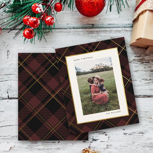 Gold & Dark Red Tartan Weihnachtskarte