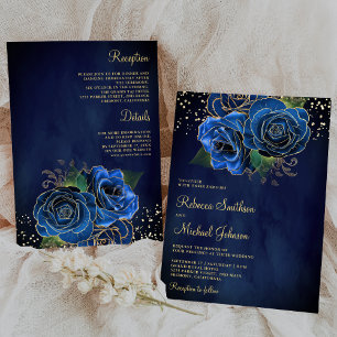 Gold Dark Royal Blue Floral All in One Wedding Einladung
