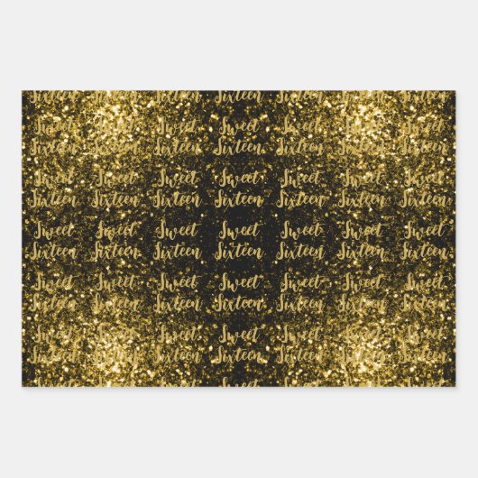 Gold dark sparkles Sweet 16 elegant script pattern Geschenkpapier Set (Vorderseite 3)