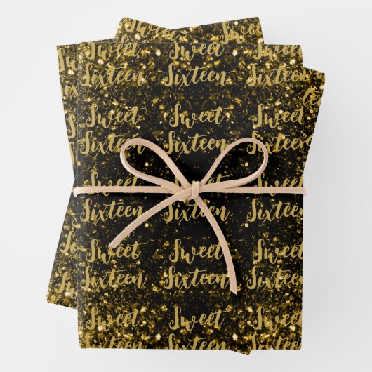 Gold dark sparkles Sweet 16 elegant script pattern Geschenkpapier Set (Beispiel)