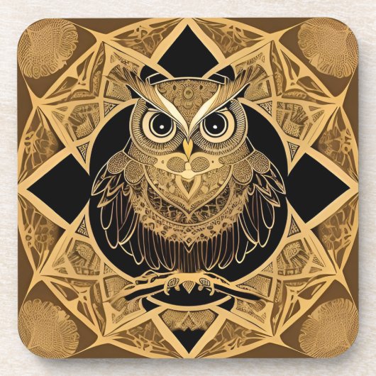 Gold Decorative Owl Mandala Design Getränkeuntersetzer (Vorderseite)