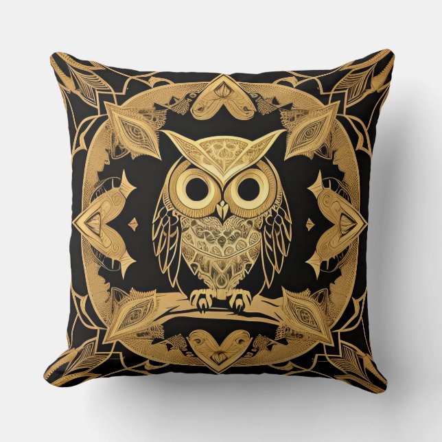 Gold Decorative Owl Mandala Design Kissen (Vorderseite)