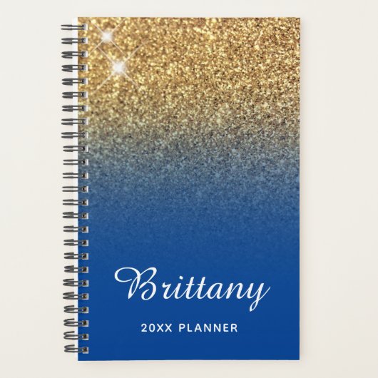 Gold Deep Blue Glitzer Ombre Personalisiert Planer (Vorderseite)