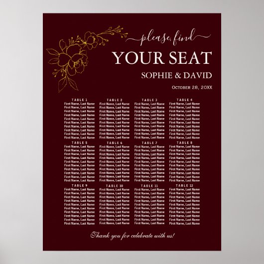 Gold Deep Burgundy 12 Table Seating Chart Wedding Poster (Vorne)