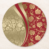 Gold & Deep Red Floral Damask Modern Design Runder Pappuntersetzer (Vorderseite)