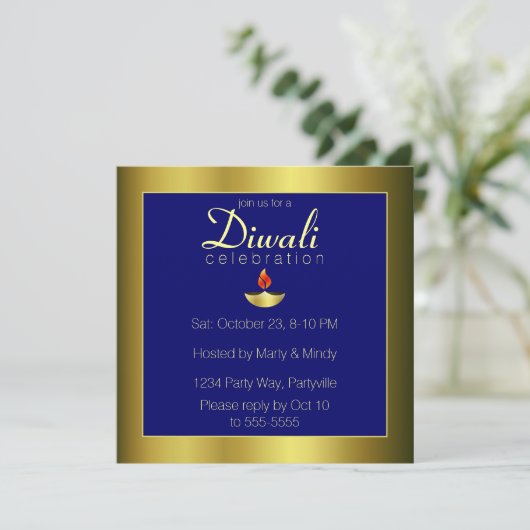 Gold Deepas in Om on Blue Einladung (Stehend Vorderseite)