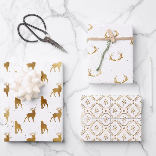 Gold Deer Antler Urlaub Geschenkpapier Set (Vorderseite)