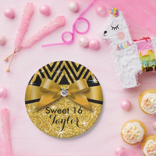 Gold des Glitzer Zickzack Bling Diamant-Bogens | Pappteller (Party)