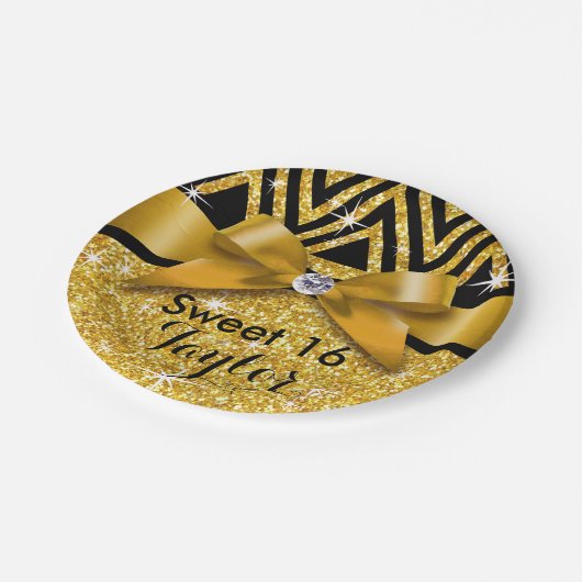 Gold des Glitzer Zickzack Bling Diamant-Bogens | Pappteller (Schrägansicht)