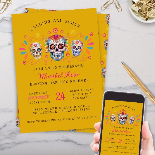 Gold Dia de los Muertos Skull Birthday Party Einladung