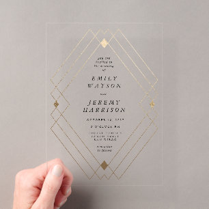 Gold Diamant Weiß Geometrisch Deco Gatsby Hochzeit Acryleinladungen