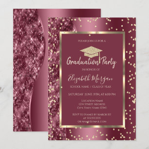 Gold-Diamanten-Bordeaux-Glitter-Abschlusskappe Einladung