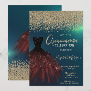 Gold Diamanten, Elegantes Kleid Grüne Quinceanera Einladung