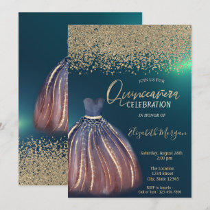 Gold Diamanten, stilvolles Kleid Grün Quinceañera Einladung