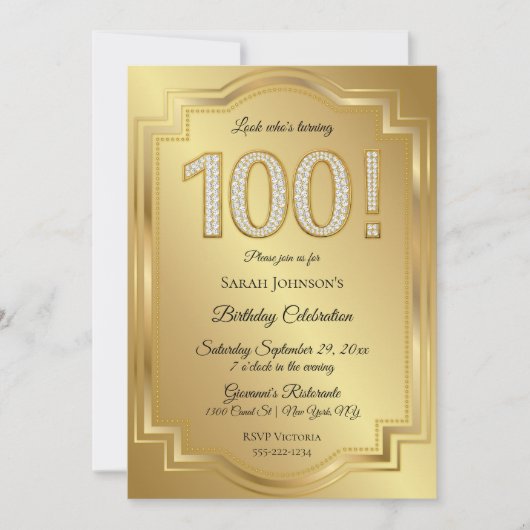 Gold & Diamanten zum 100. Geburtstag Einladung (Vorderseite)