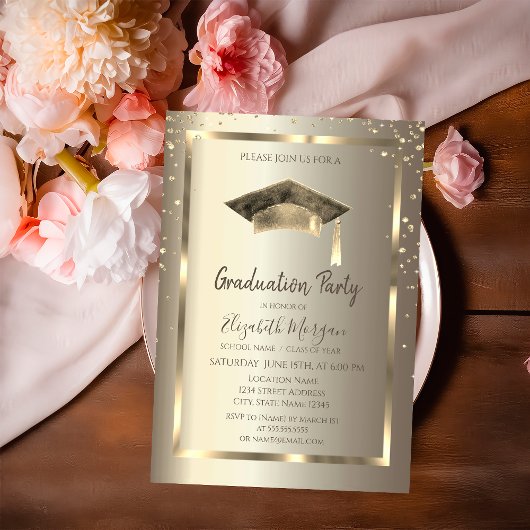 Gold Diamantrahmen, Watercolor Grad Cap Gold Einladung