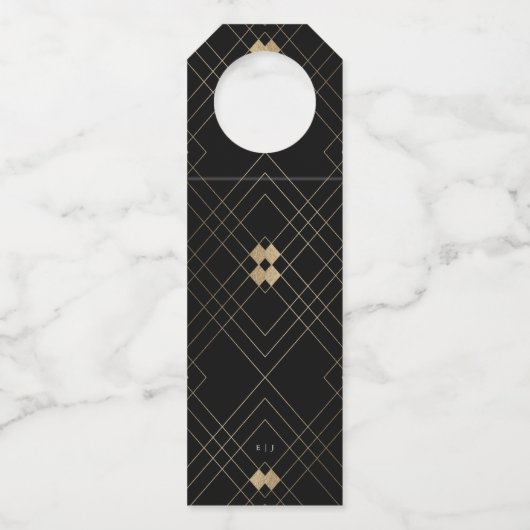 Gold Diamond Black Geometric Deko Gatsby Wedding Flaschenanhänger (Vorderseite)