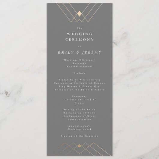 Gold Diamond Gray Geometric Deko Gatsby Wedding Programm (Vorderseite)