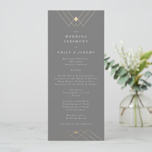 Gold Diamond Gray Geometric Deko Gatsby Wedding Programm (Stehend Vorderseite)