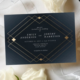 Gold Diamond Navy Geometric Deko Gatsby Wedding Einladung