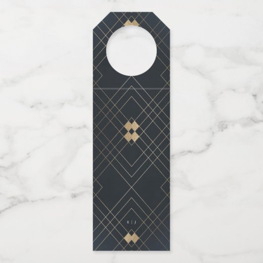Gold Diamond Navy Geometric Deko Gatsby Wedding Flaschenanhänger (Rückseite)