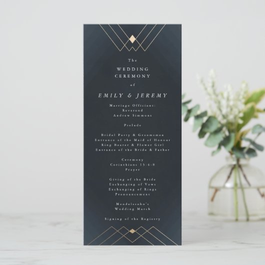 Gold Diamond Navy Geometric Deko Gatsby Wedding Programm (Stehend Vorderseite)