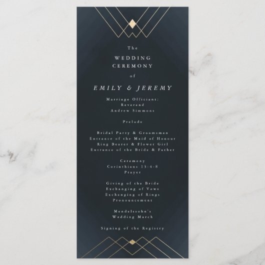 Gold Diamond Navy Geometric Deko Gatsby Wedding Programm (Vorderseite)