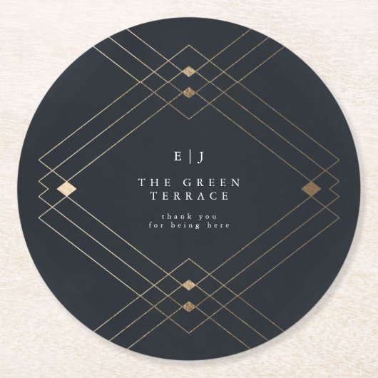 Gold Diamond Navy Geometric Deko Gatsby Wedding Runder Pappuntersetzer (Vorderseite)