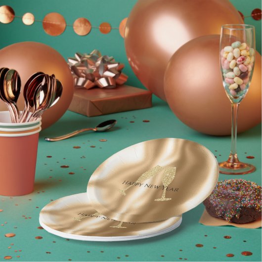 Gold Diamond Sparkle Champagne Glasses New Year's Pappteller (Multi)