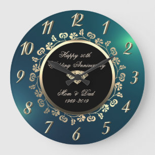 Gold Diamond Swirls, Green 50th Wedding Anniversar Große Wanduhr