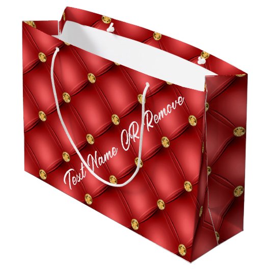 Gold Diamond Tufted Custom Text Red Gift Bag Große Geschenktüte (Rückseite Schrägansicht)
