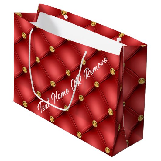 Gold Diamond Tufted Custom Text Red Gift Bag Große Geschenktüte (Vorderseite Schrägansicht)