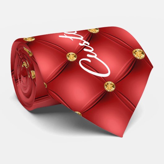 Gold Diamond Tufted Red Leather Neck Tie Your Text Krawatte (Gerollt)