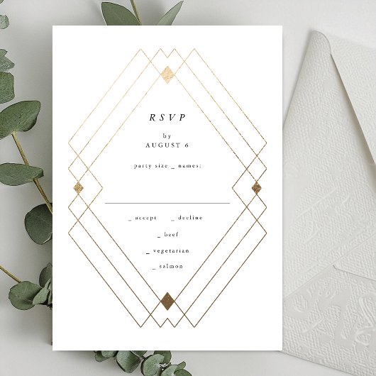 Gold Diamond White Geometric Deko Gatsby Wedding RSVP Karte
