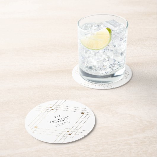 Gold Diamond White Geometric Deko Gatsby Wedding Runder Pappuntersetzer (Vor Ort)