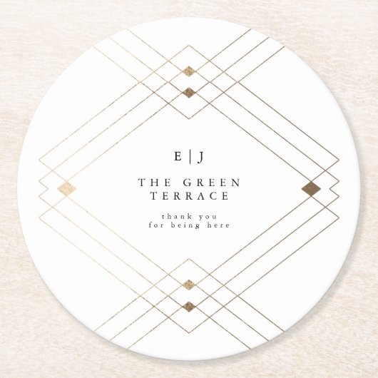 Gold Diamond White Geometric Deko Gatsby Wedding Runder Pappuntersetzer (Vorderseite)