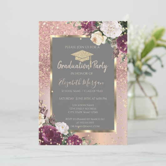 Gold Diamonds Burgundy Blume Abschluss Einladung (Stehend Vorderseite)