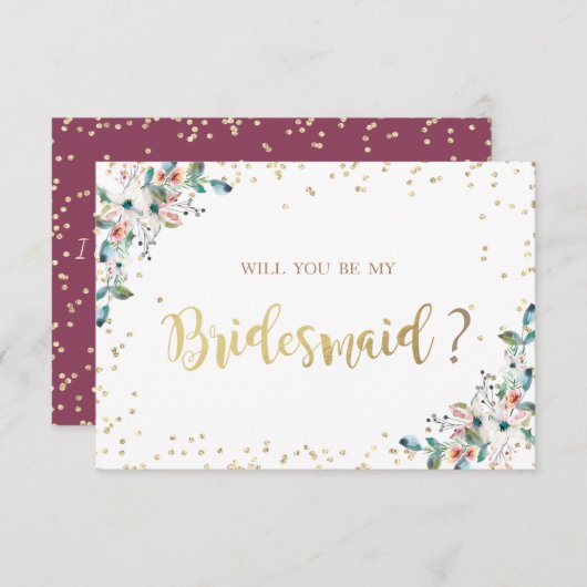 Gold Diamonds Burgundy Blume Bridesmaid Card Einladung (Vorne/Hinten)