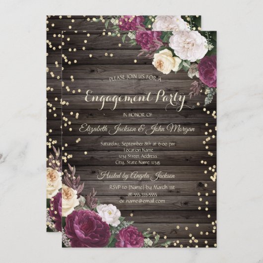 Gold Diamonds Burgundy Blume Wood Einladung (Vorne/Hinten)