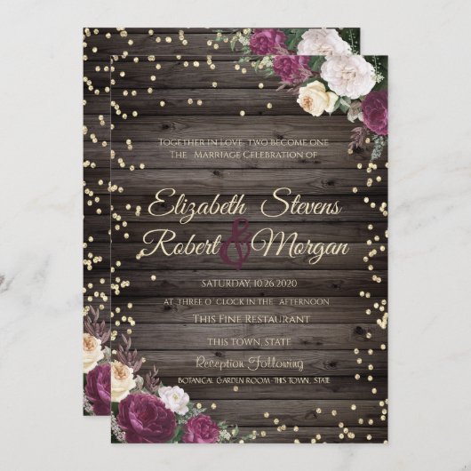 Gold Diamonds Burgundy Blume Wood Einladung (Vorne/Hinten)