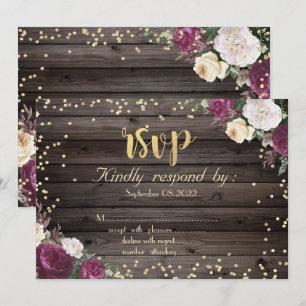 Gold Diamonds Burgundy Blume Wood Einladung