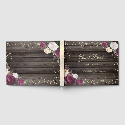 Gold Diamonds Burgundy Blume Wood Gästebuch (Voll)